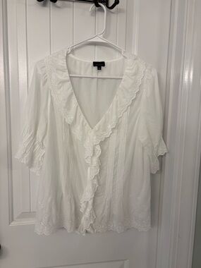 Talbots White Eyelet Ruffle V-Neck Blouse with Pintucks